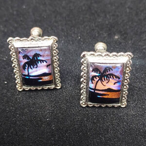 Sterling Silver Reverse Painted Silhouette Butterfly Wing Iridescent Earrings